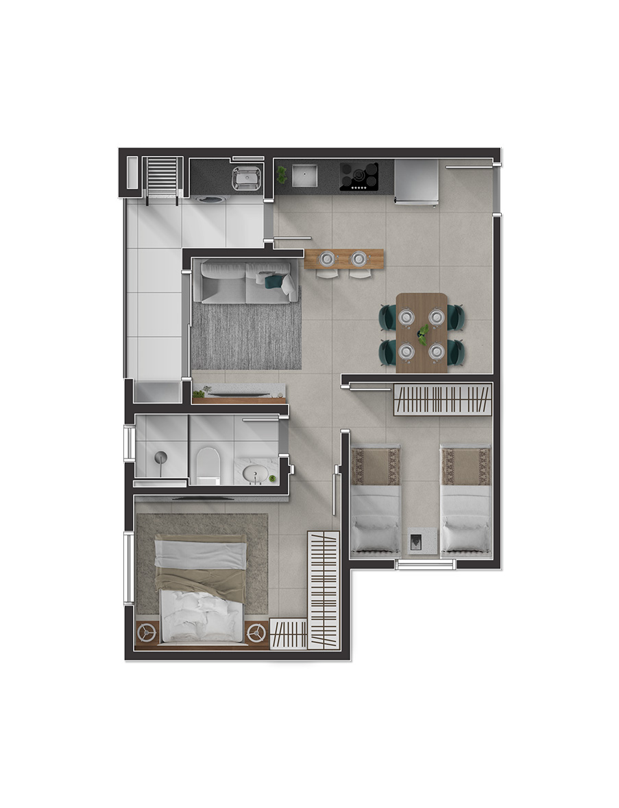 Planta dos apartamentos de 2 quartos